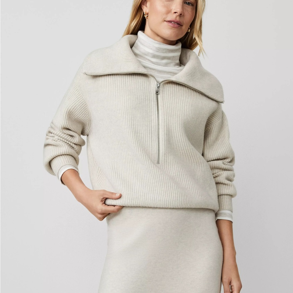 Ribbed Half Zip Sweater - Ann Taylor Pale Sand Heather